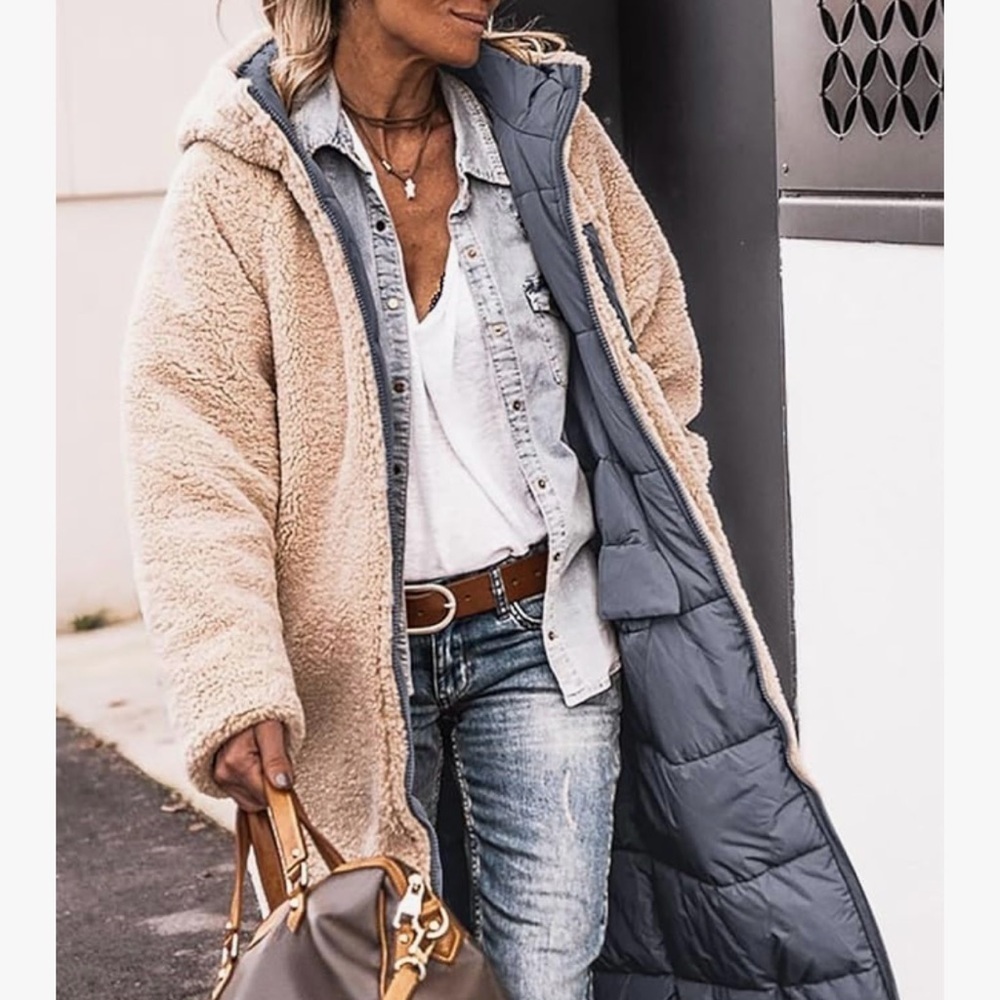 NWT PRETTY GARDEN Reversible Winter Oversized Shearling Fleece Coat, Gray/tan - Picture 3 of 8